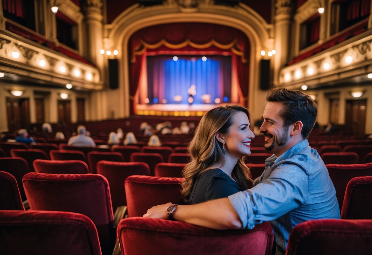 A couple sitting together inside an elegant theater, enjoying a live show with the stage visible in the background.