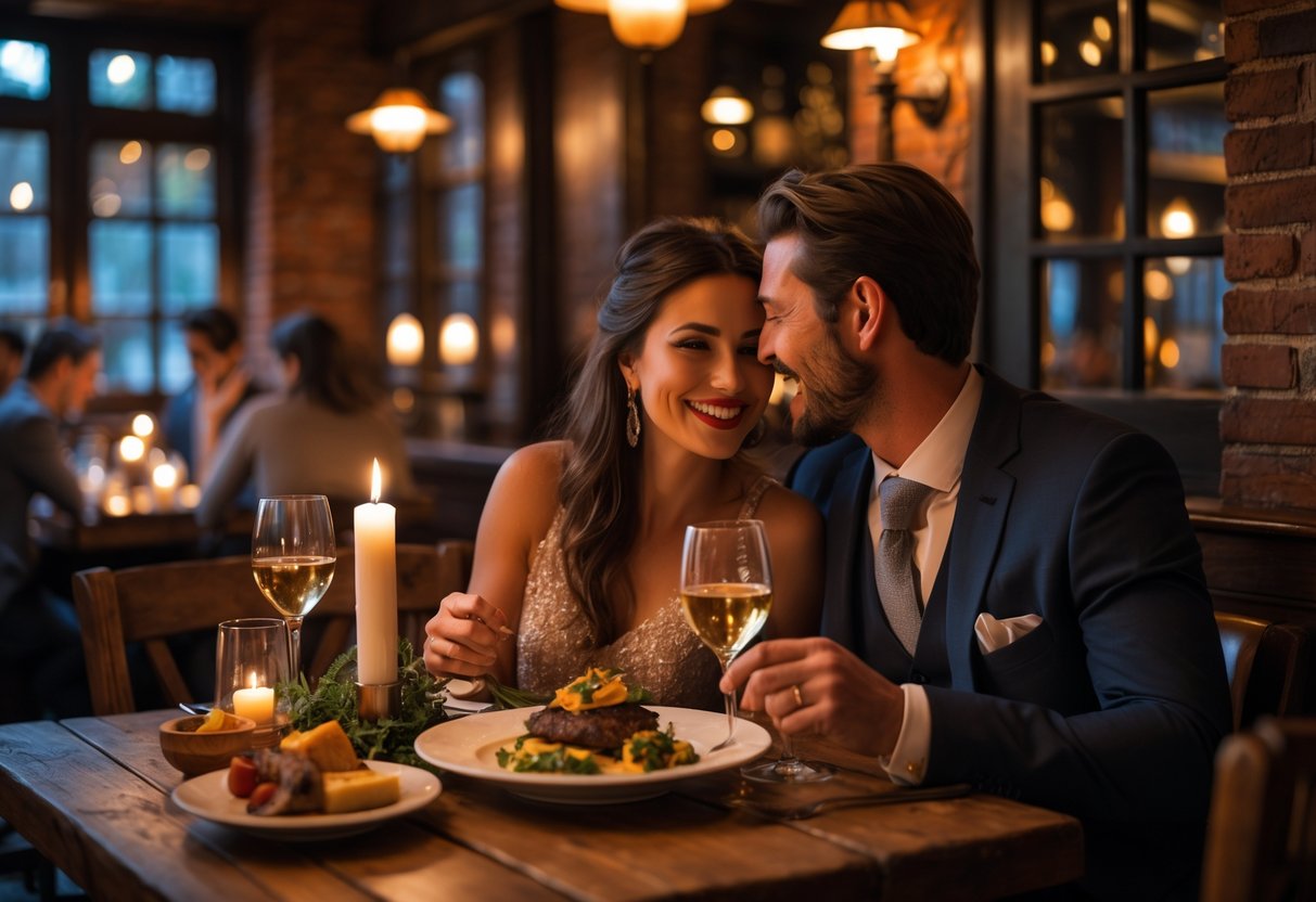A couple enjoying a romantic dinner together at a cozy tavern with warm lighting and rustic decor.
