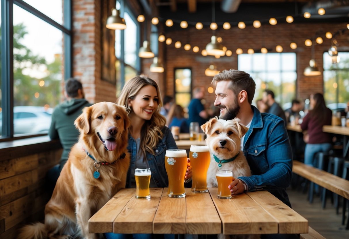 A couple sitting at a table in a dog-friendly brewery with their two dogs, enjoying drinks together.