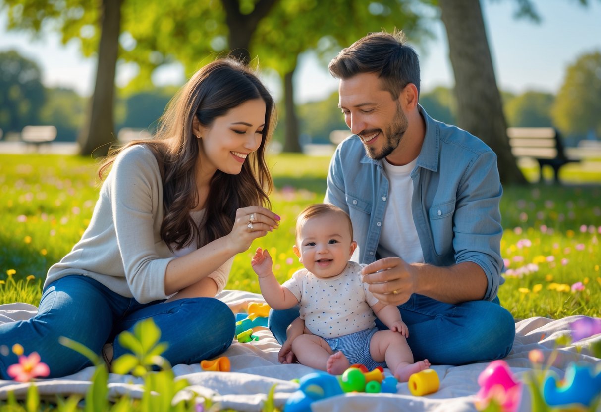 A young couple enjoying a picnic in a park with their smiling baby lying on a blanket surrounded by toys.