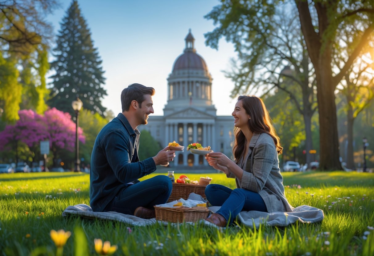 A couple having a picnic in a park with the Oregon State Capitol building in the background.