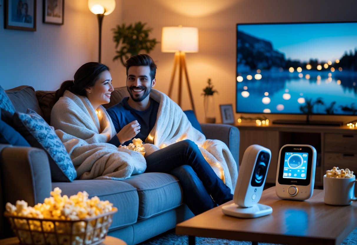 A couple sitting on a sofa watching a movie with a baby monitor on a nearby table in a cozy living room.