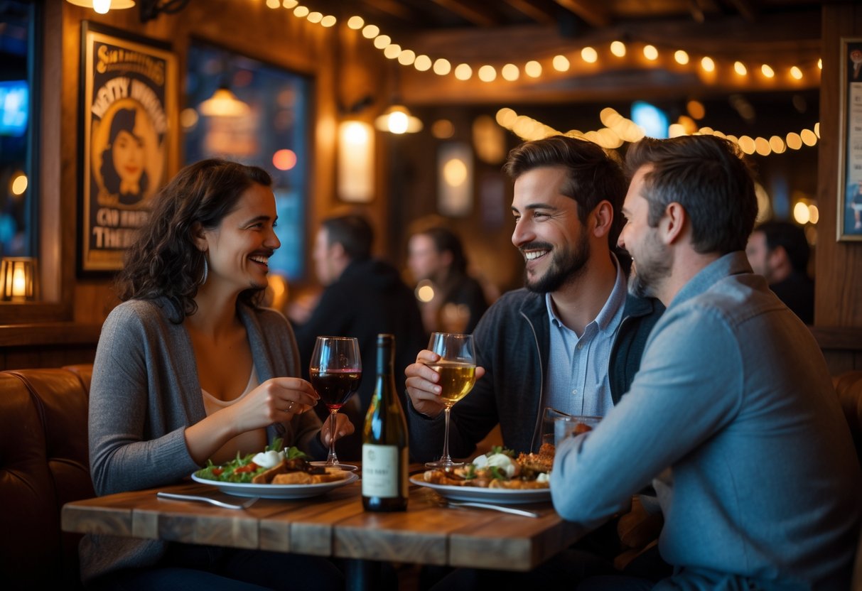 A couple enjoying dinner together at a cozy pub with warm lighting and rustic decor.