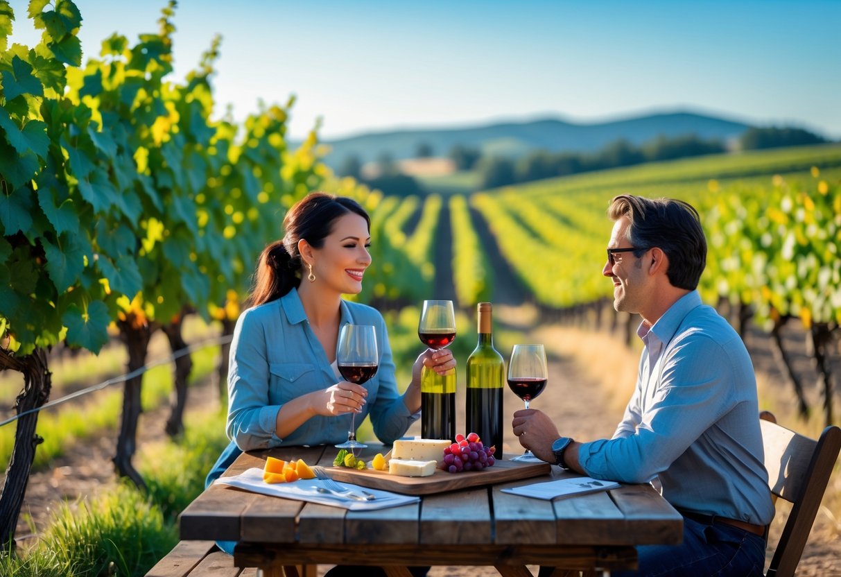 A couple enjoying wine tasting together at a vineyard with grapevines and hills in the background.