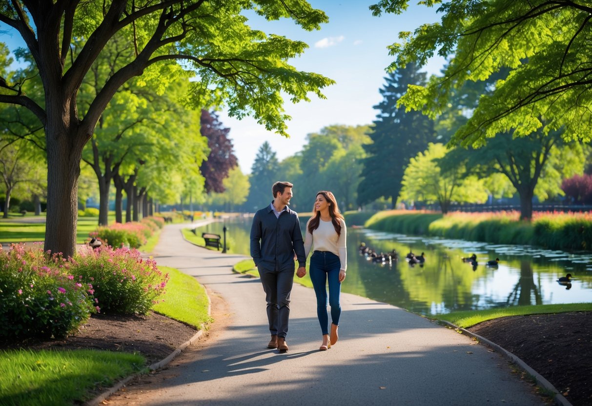 A young couple walking hand-in-hand along a tree-lined path in a green park with a pond and ducks in the background.