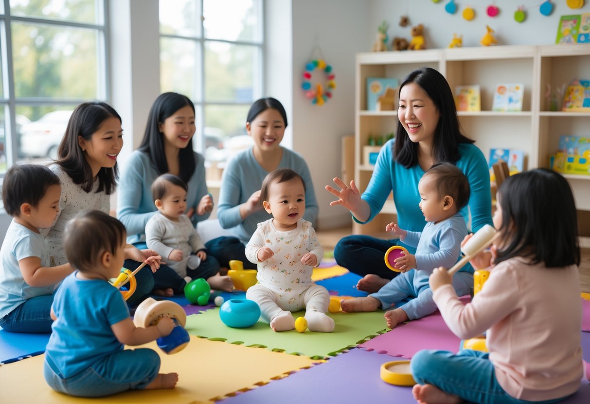 Parents and babies participating in a local baby music or storytime class in a bright, welcoming room.