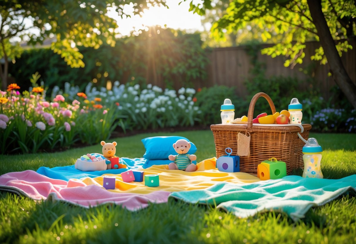 A backyard picnic setup with blankets and baby toys arranged on a green lawn surrounded by trees and flowers.