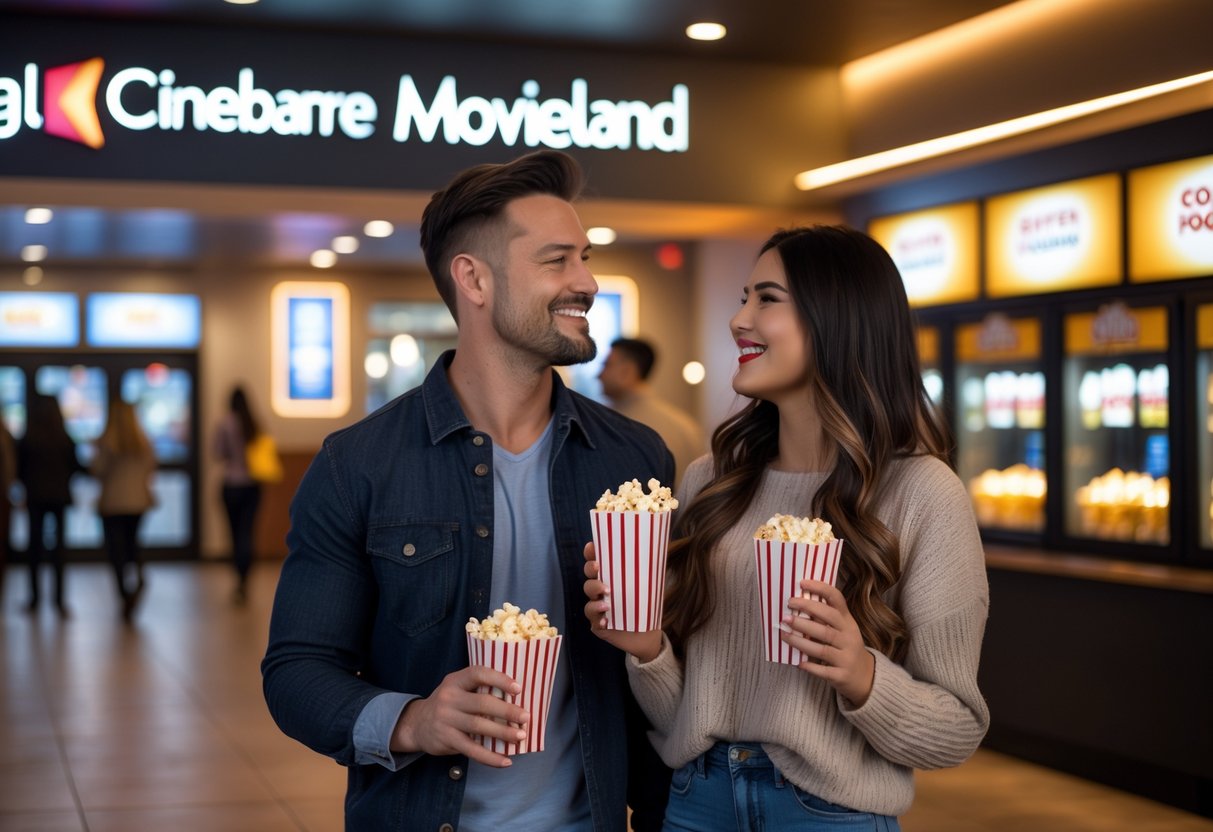 A couple holding movie tickets and popcorn inside a movie theater lobby, smiling and enjoying their date night.