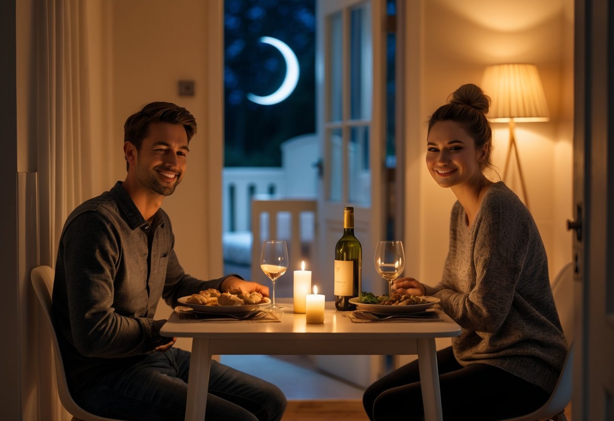 A couple enjoying a quiet dinner at home after their baby is asleep, sitting at a small dining table in a softly lit room with a baby’s nursery visible in the background.