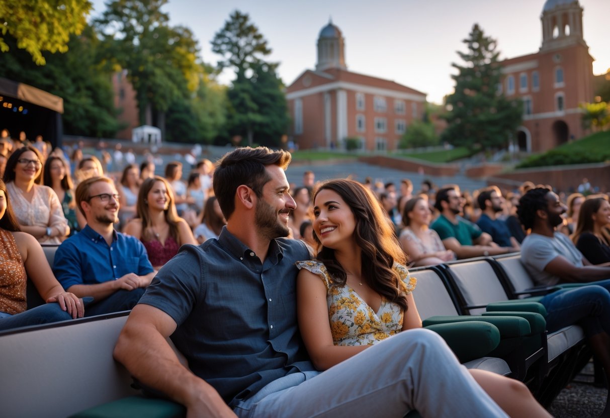 A couple sitting together outdoors at a live performance on a university campus with other people watching in the background.