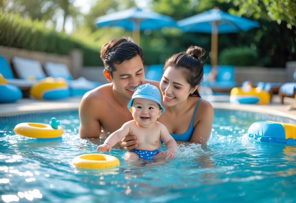 A young couple with their baby playing together in a shallow, baby-friendly swimming pool surrounded by pool toys and greenery.