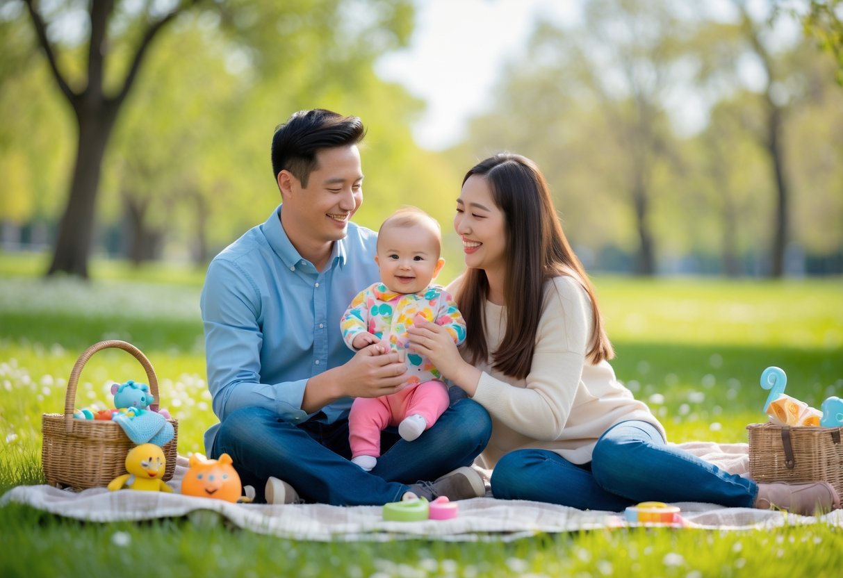 A couple sitting on a picnic blanket outdoors, smiling and playing with their baby surrounded by greenery and toys.