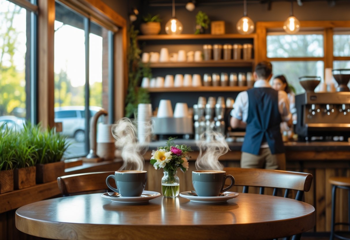 Two cups of coffee on a wooden table inside a cozy Salem café with a barista in the background.