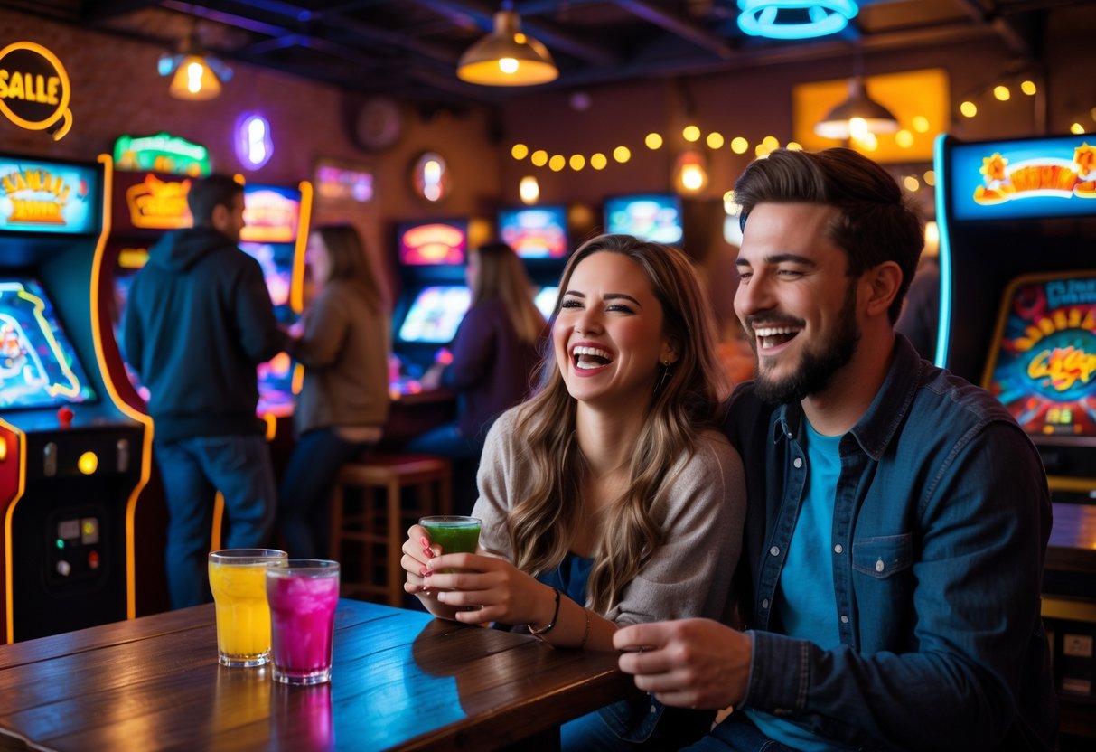 A young couple playing arcade games and enjoying a lively date night at an arcade bar with colorful neon lights.