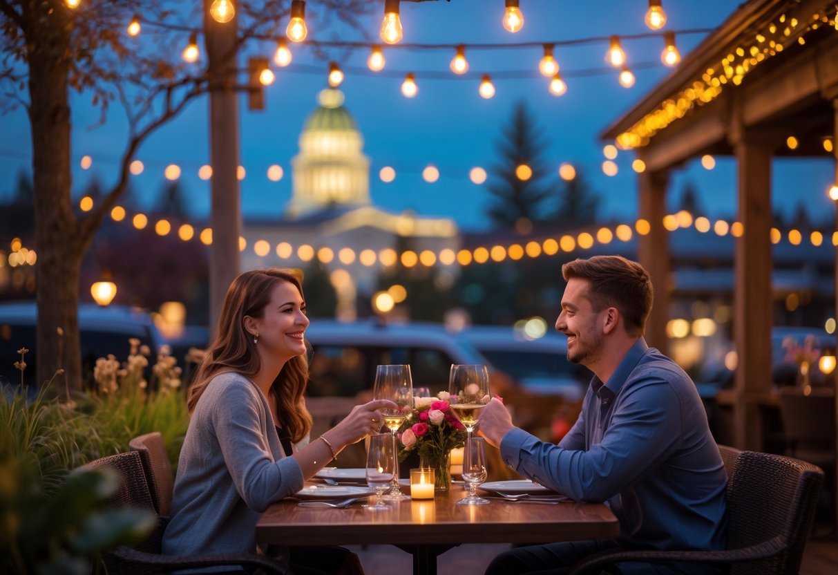 A couple enjoying an outdoor dinner at a restaurant patio with string lights and the Oregon State Capitol building visible in the background at twilight.