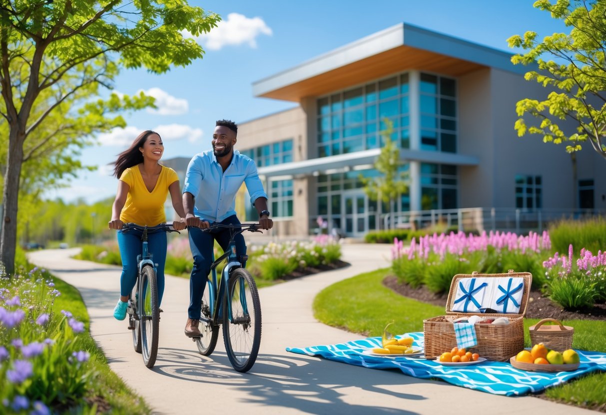 A smiling couple biking on a trail near a modern YMCA building surrounded by trees and flowers on a sunny day.