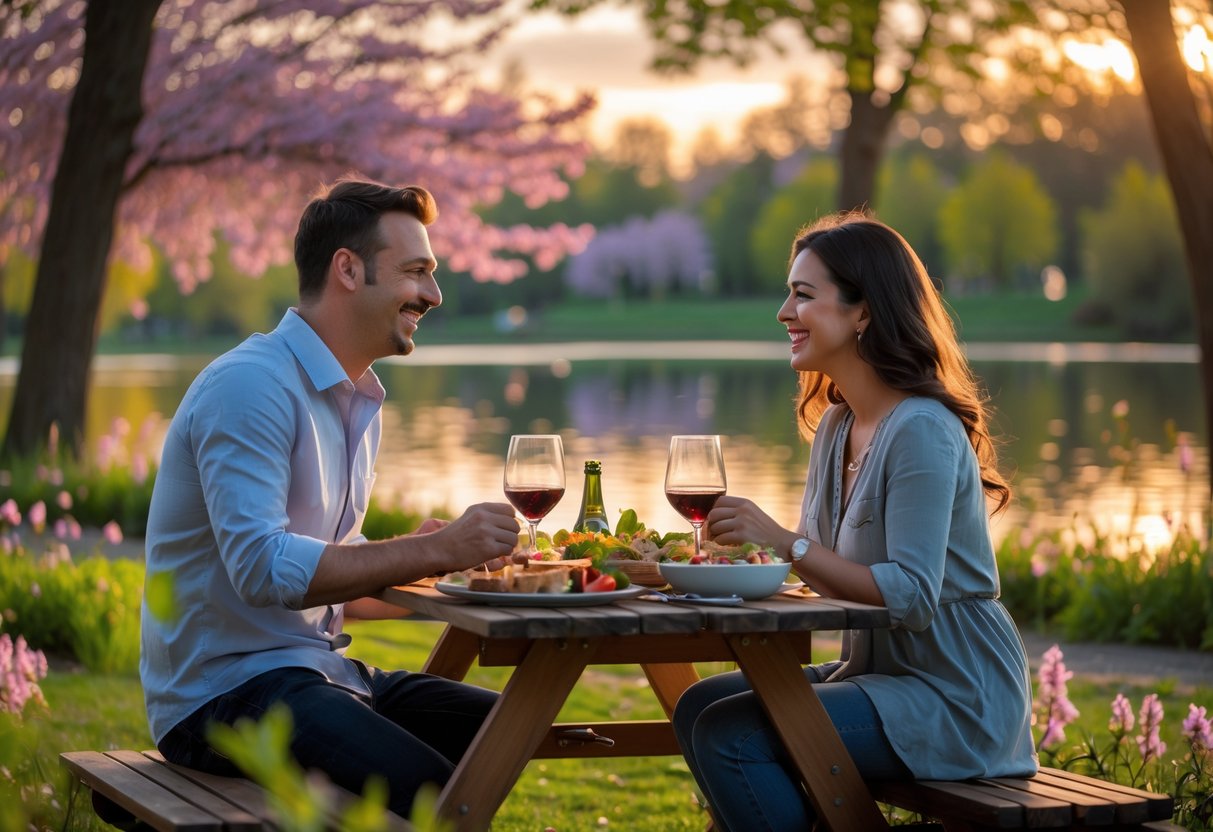 A married couple sitting at a picnic table outdoors, holding hands and smiling during a romantic date in a park.