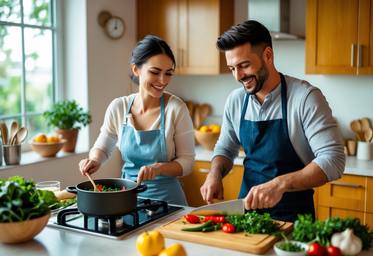 A couple cooking together in a kitchen, preparing a meal and smiling.