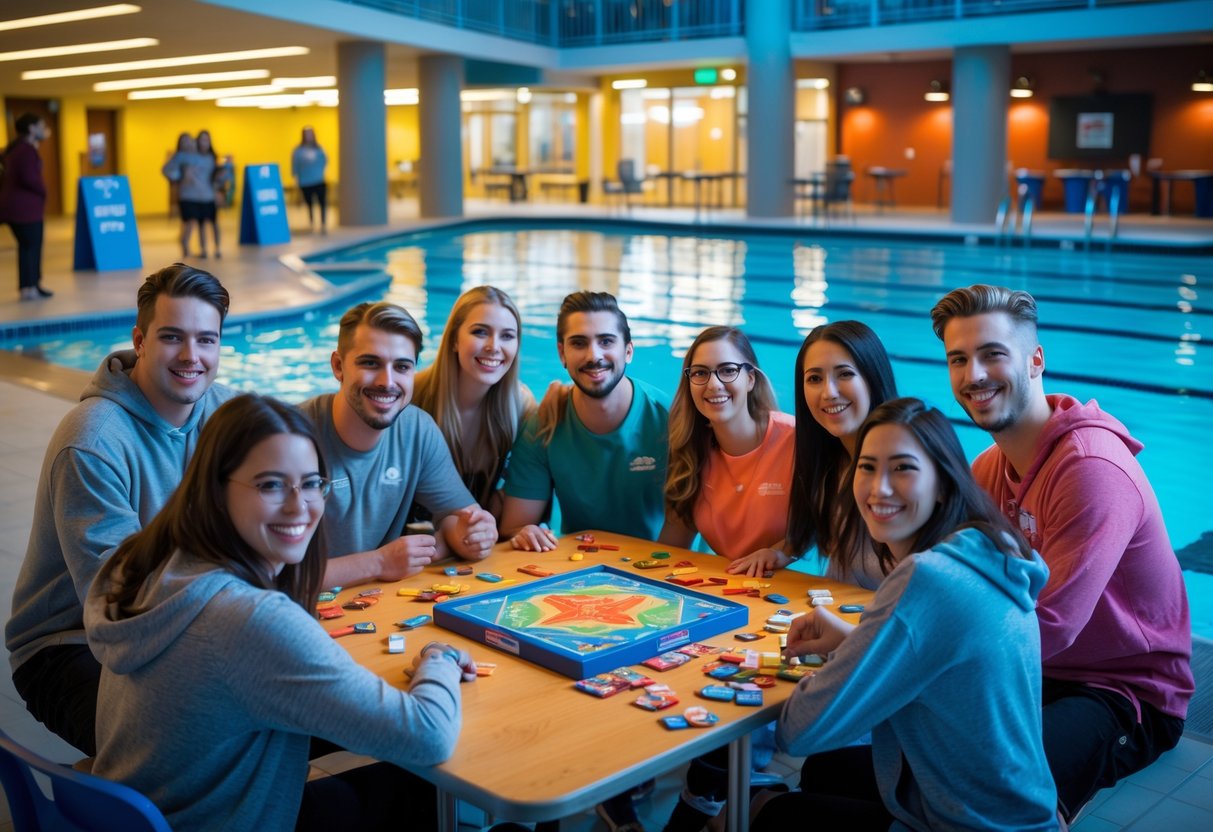 Young adults playing board games and swimming together at an indoor YMCA facility during the evening.