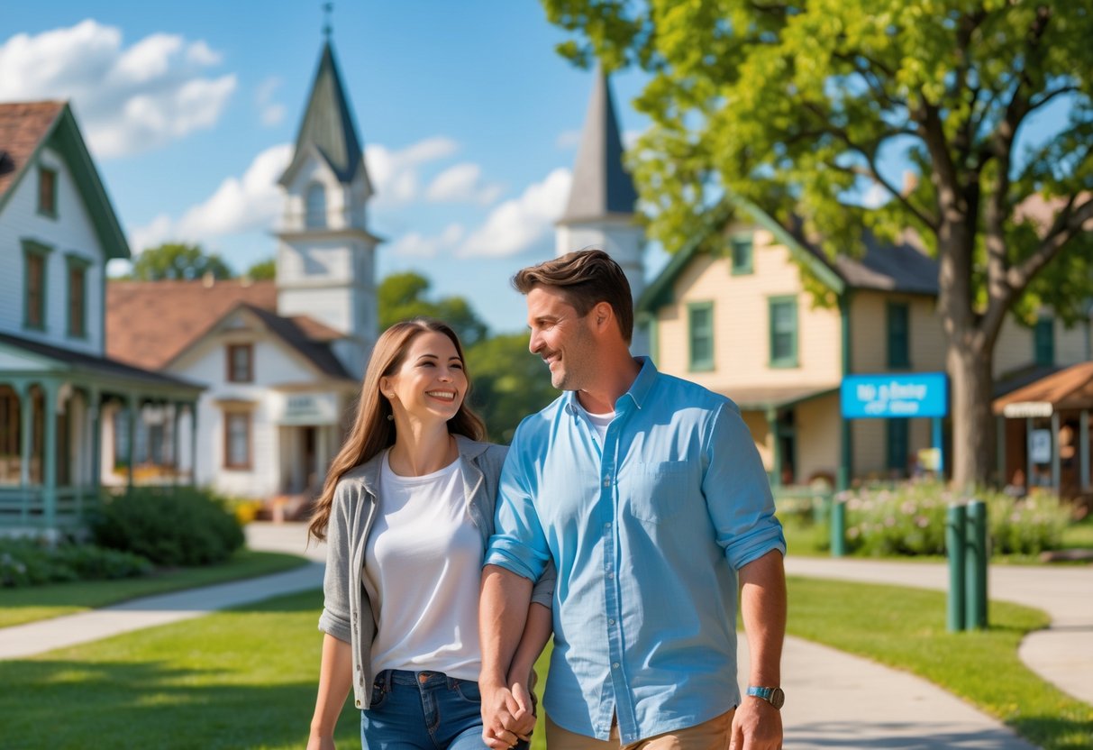 A smiling couple walking near historic buildings in a small village surrounded by greenery on a sunny day.