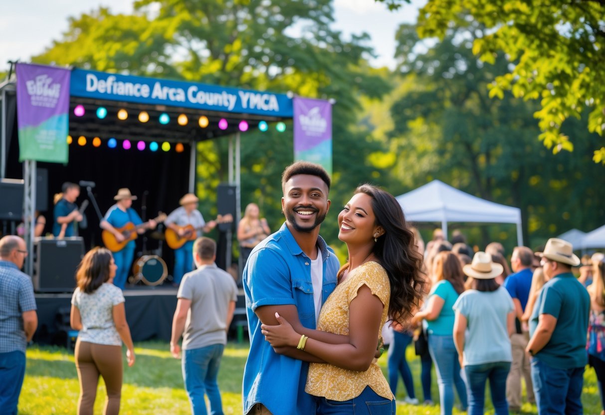 A couple enjoying a live outdoor music event near the Defiance Area YMCA with people and musicians in the background.