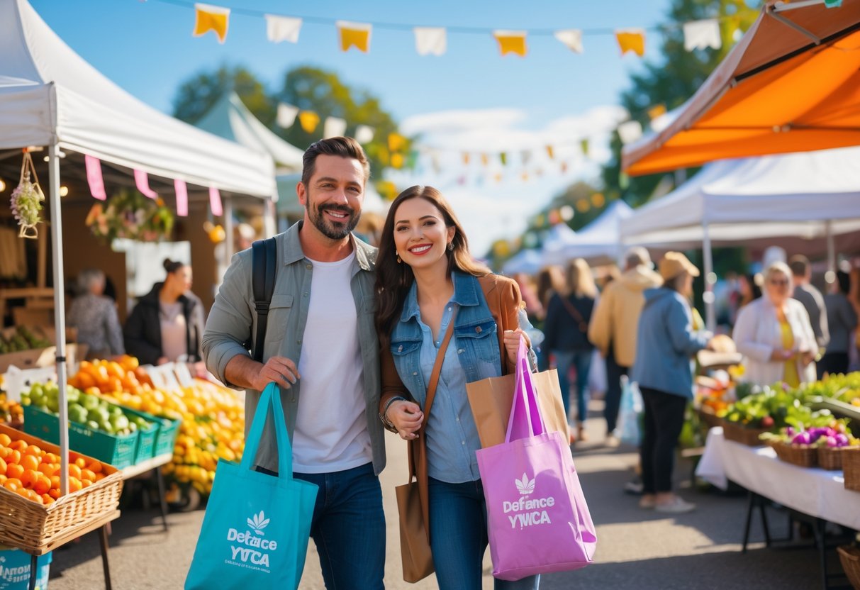 A couple happily browsing colorful stalls at a busy outdoor market with fresh produce and crafts under a clear sky.