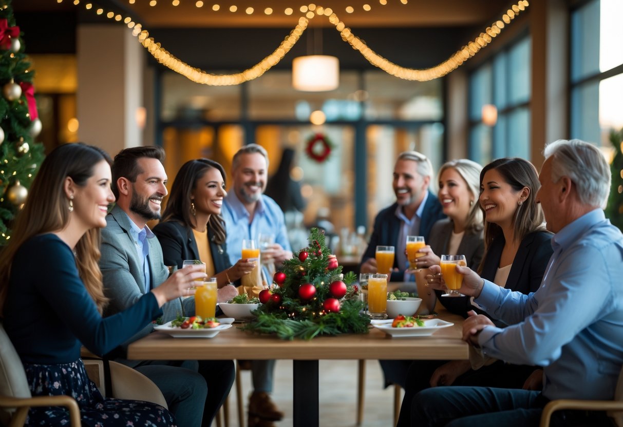 A group of adults enjoying a festive holiday gathering indoors with decorations and drinks, smiling and socializing warmly.