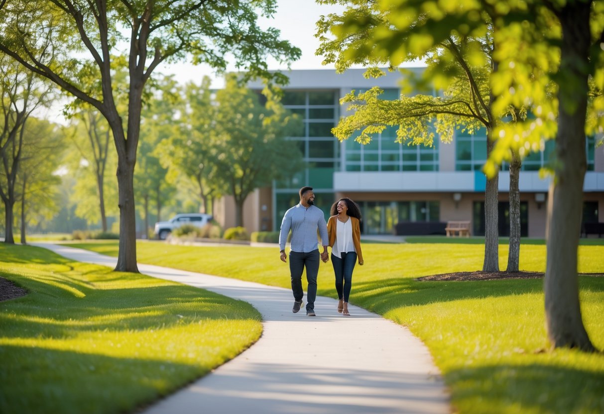 A couple walking on a paved path surrounded by green grass and trees near the Defiance Area YMCA building.