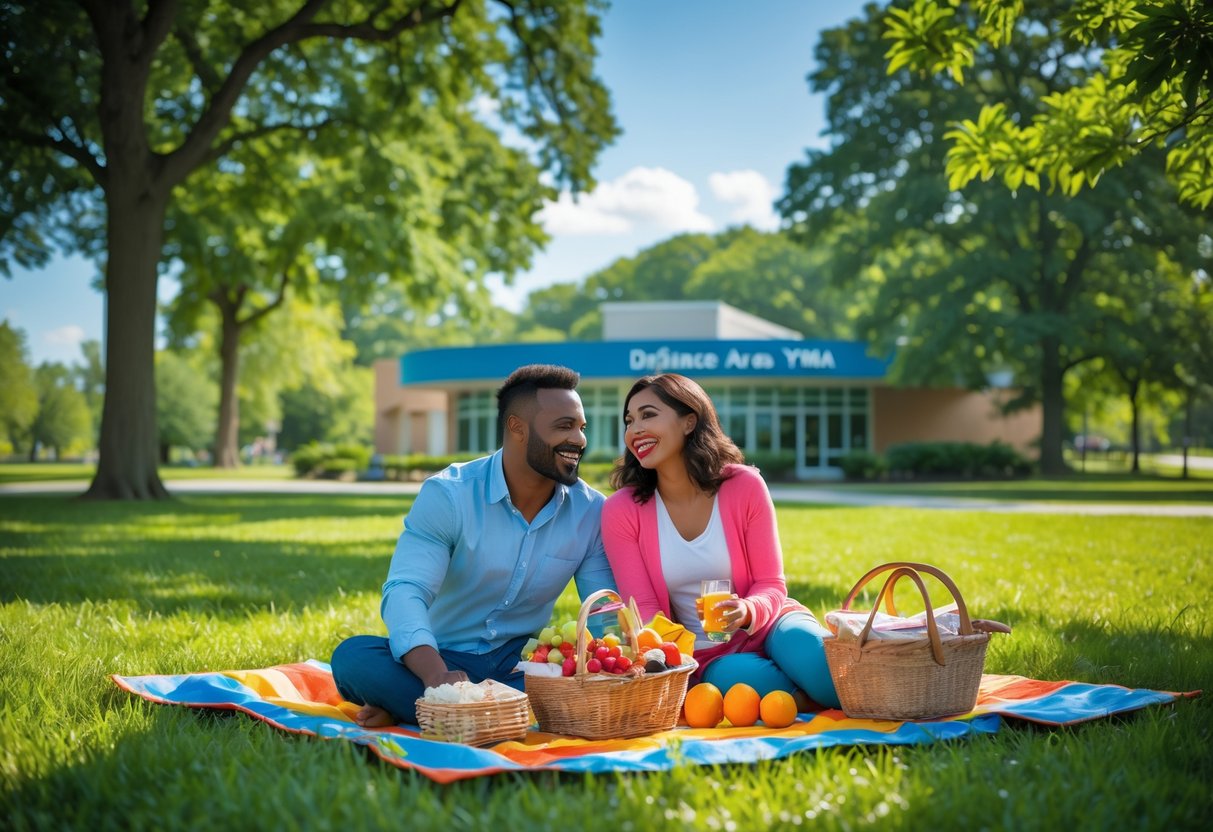 A couple enjoying a picnic on a blanket in a green park with trees and the YMCA building visible in the background.