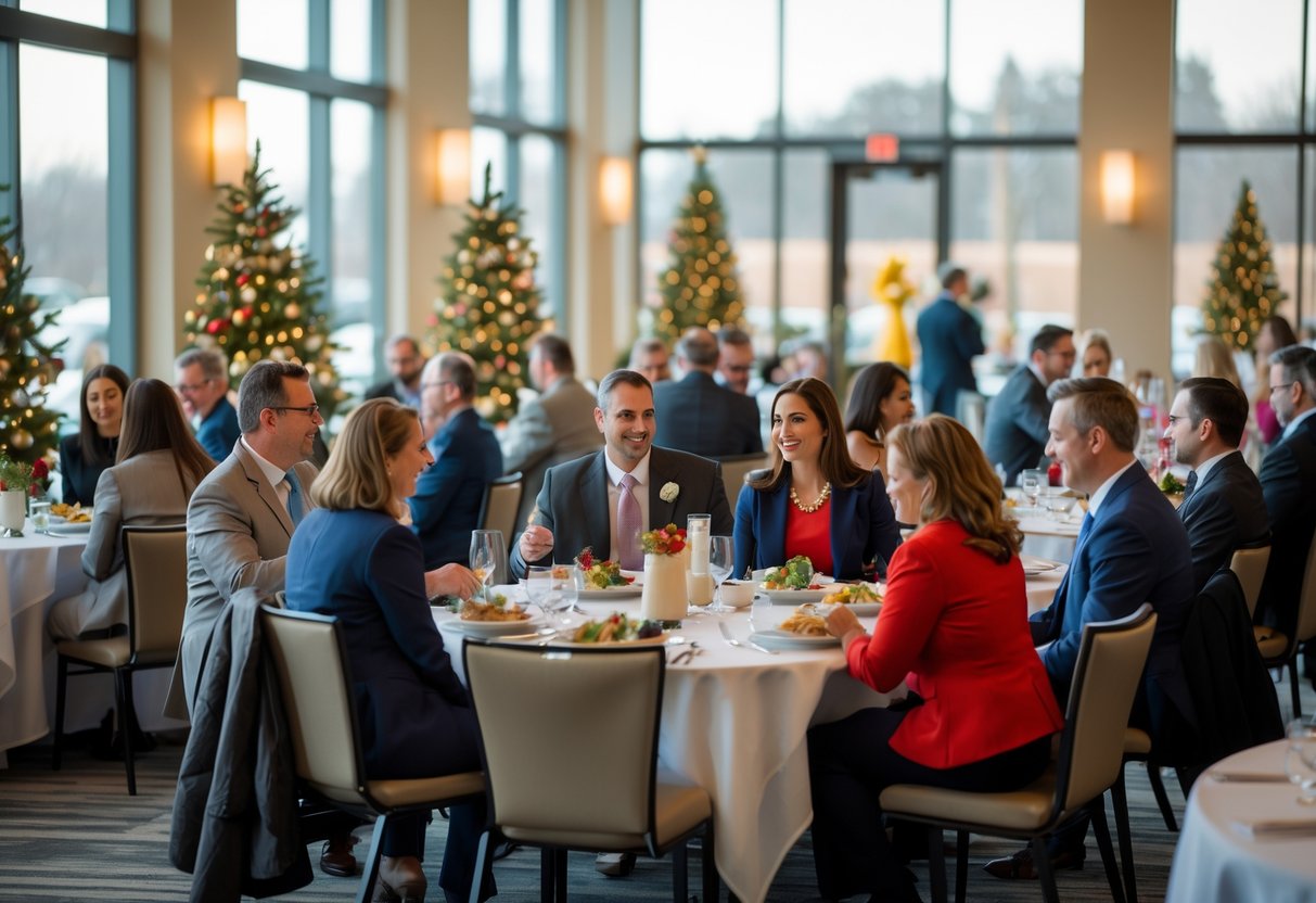 People dressed professionally talking and eating together at a decorated business luncheon event in a bright banquet hall.