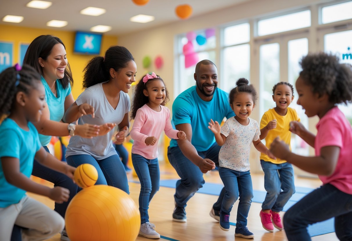 Families and children participating in fun activities together inside a YMCA community space.