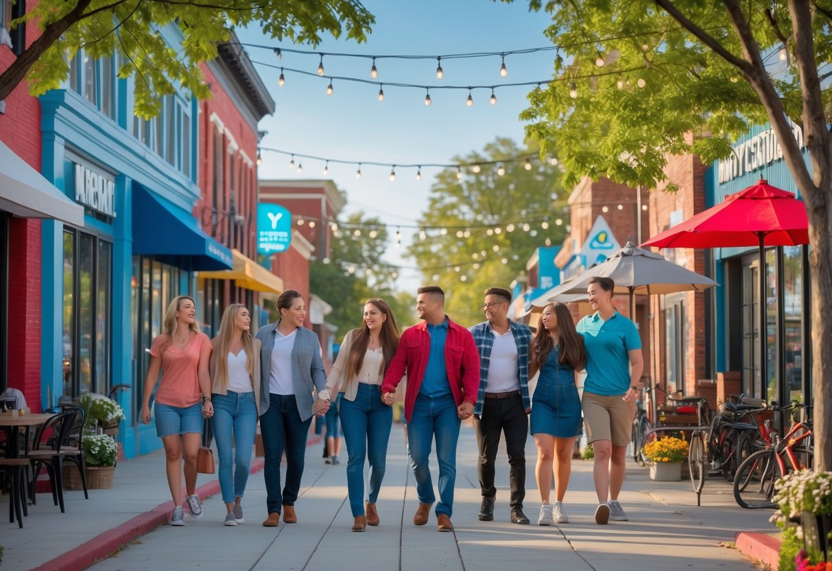 People walking and enjoying shops and outdoor dining in a lively downtown street near the YMCA.