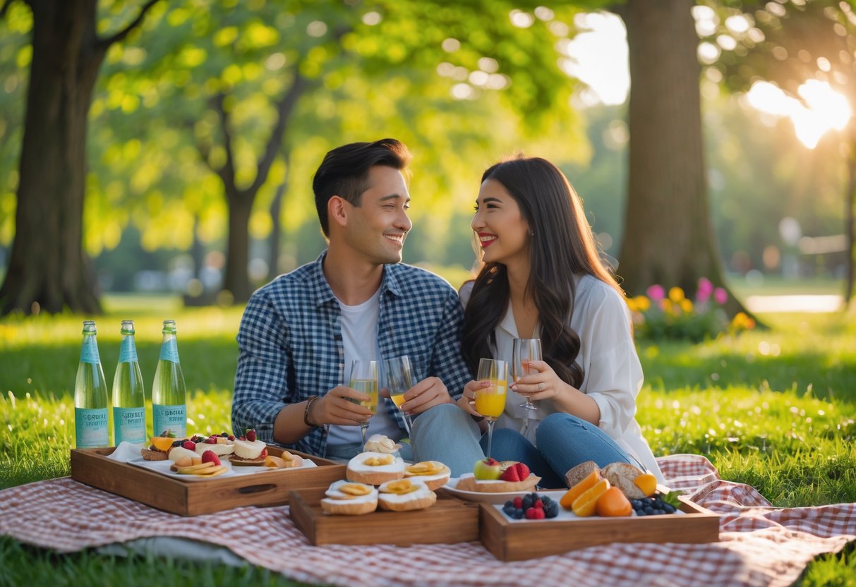 A couple sitting on a picnic blanket in a park surrounded by homemade food and trees.