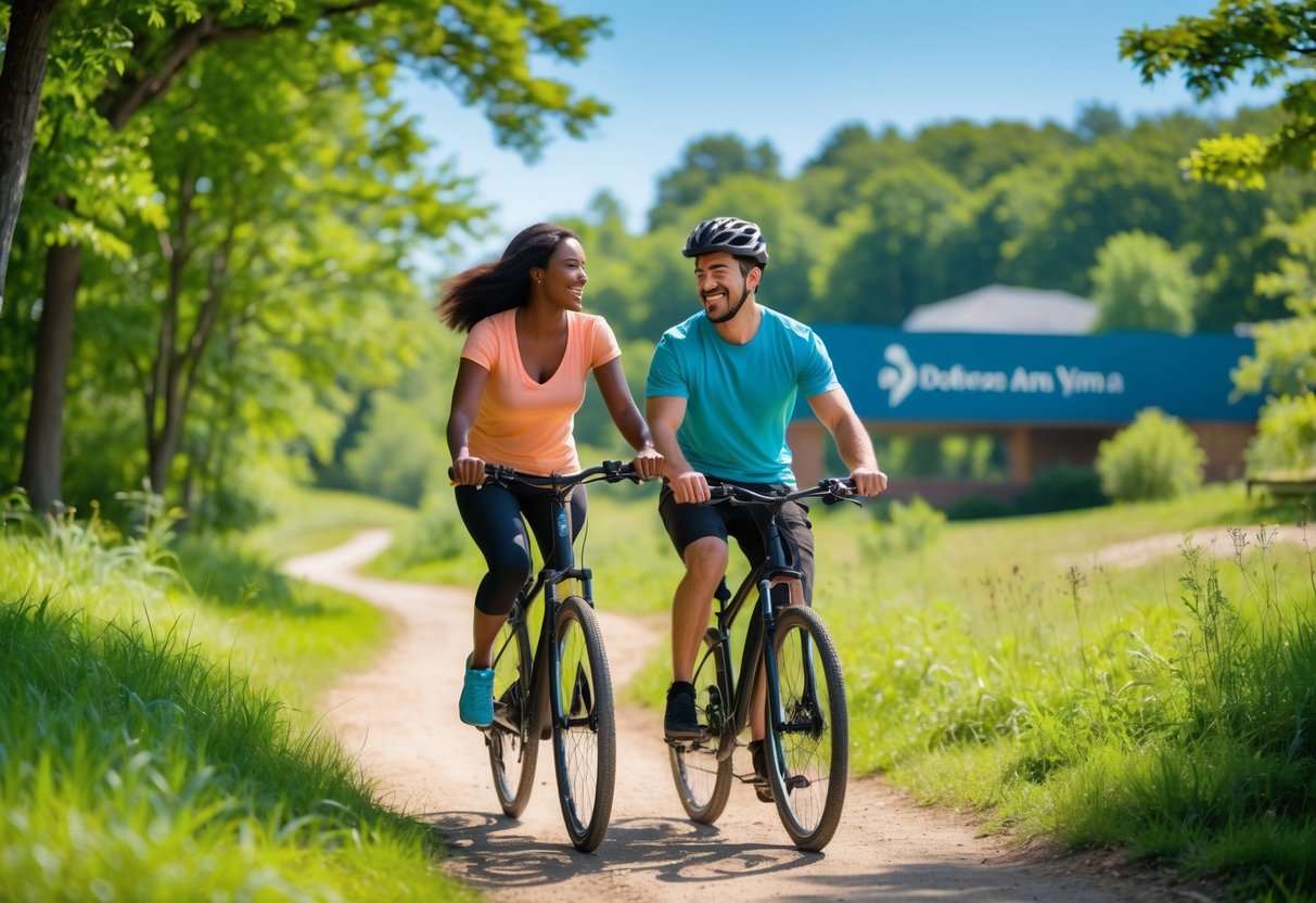 A couple riding bicycles together on a green trail surrounded by trees with a building visible in the background.