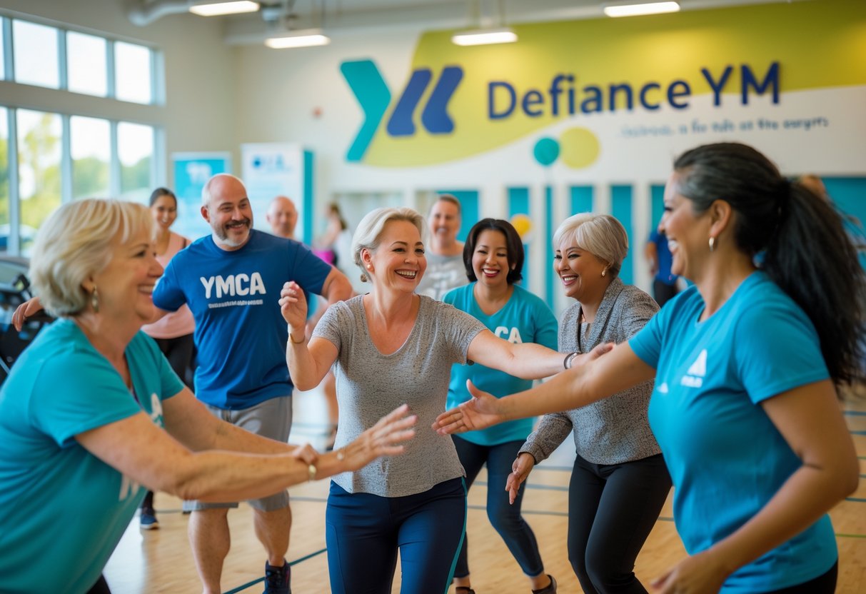 A group of adults participating in a fun workshop inside a community center with large windows and fitness equipment.