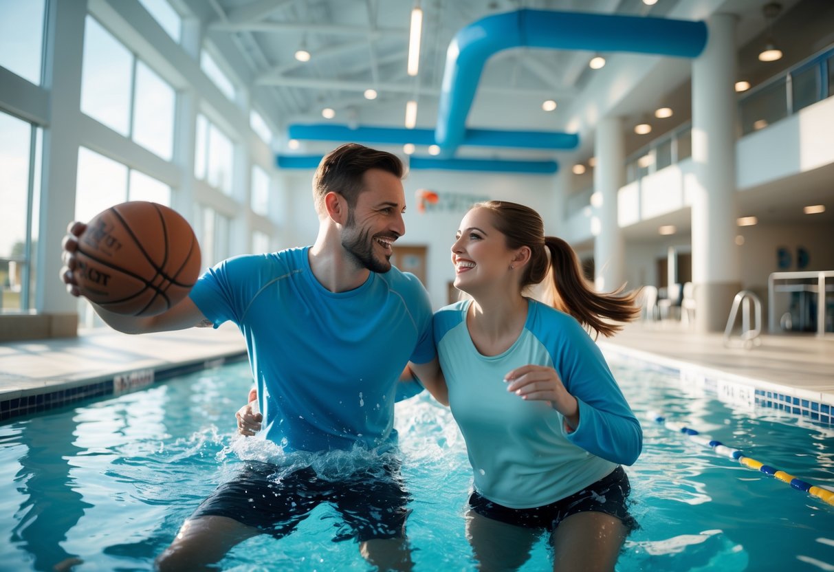 A couple playing basketball together inside a gym at the Defiance Area YMCA, smiling and having fun.