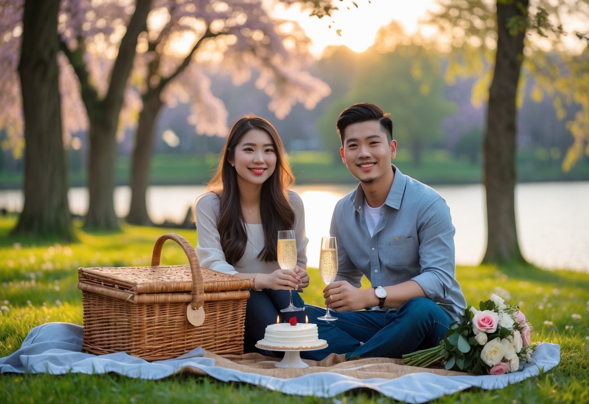 A young couple sitting on a picnic blanket in a park, holding hands and smiling with a cake and flowers nearby.