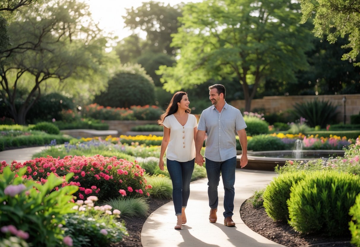 A couple walking hand-in-hand along a garden path surrounded by flowers and trees in a botanical garden.