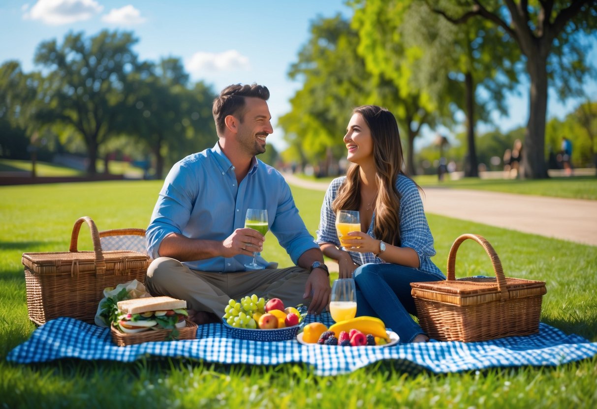 A couple sitting on a picnic blanket in a green park, enjoying a sunny day with food and drinks.