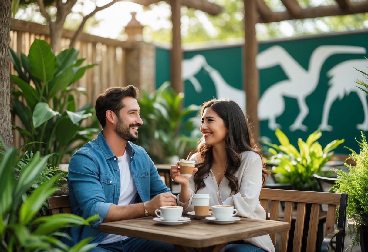 A couple sitting at an outdoor cafe table, smiling and enjoying a date surrounded by greenery near a zoo.