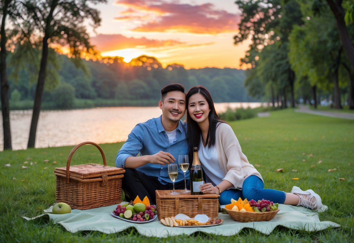 A couple enjoying a sunset picnic together on a blanket in a scenic park with trees and a lake in the background.