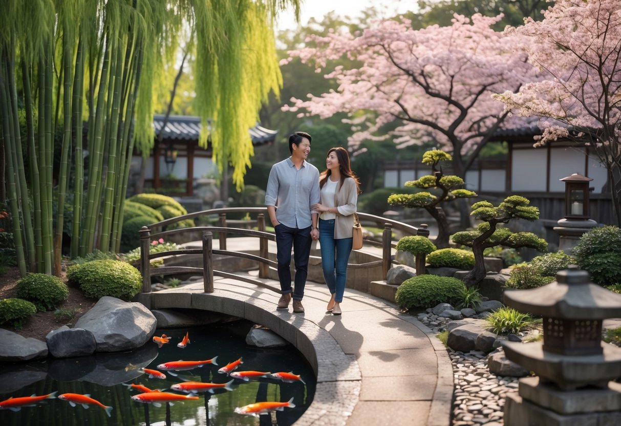 A young couple walking along a stone path in a Japanese garden with a pond, wooden bridges, bamboo, and cherry blossom trees.