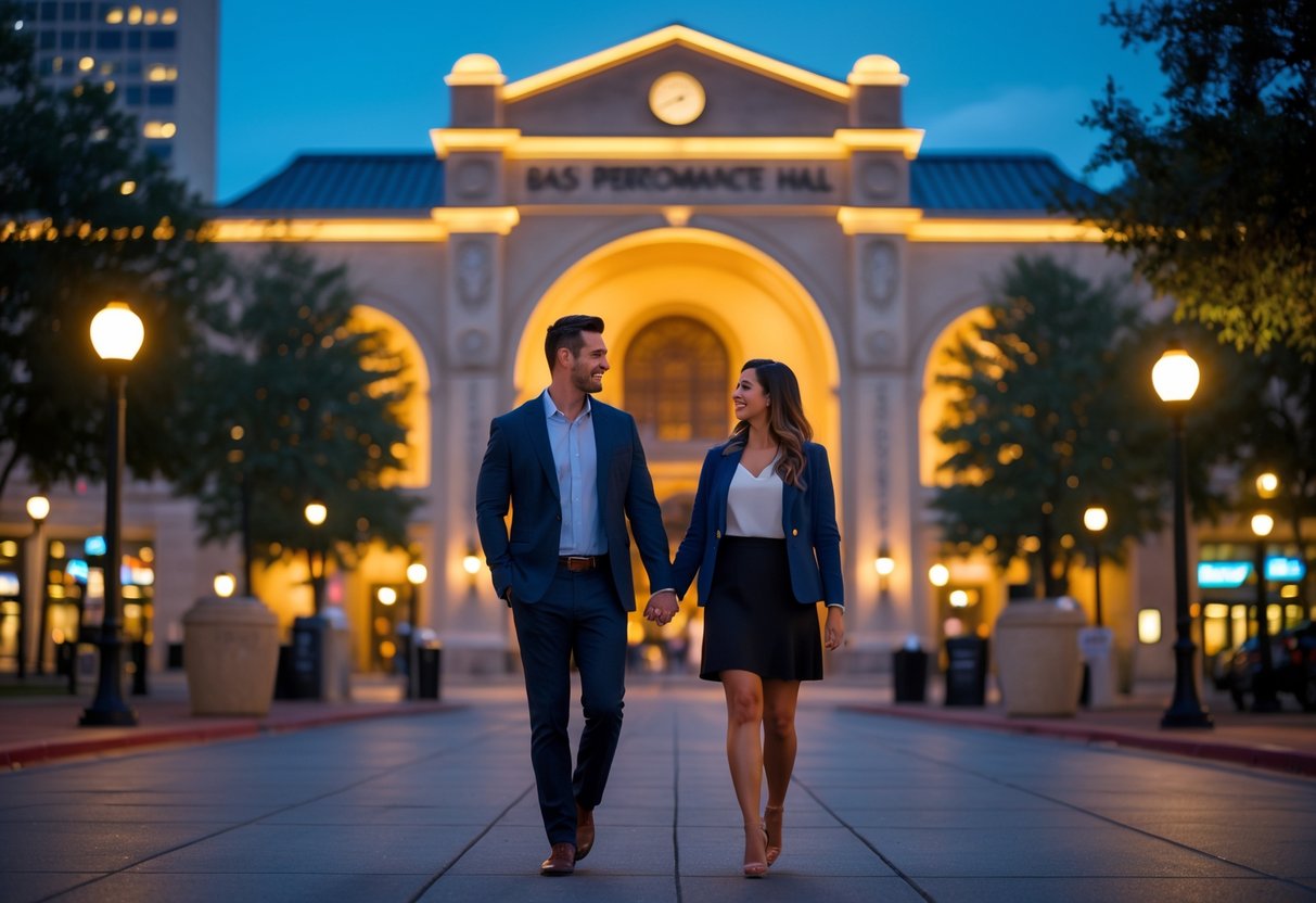 A couple walking hand-in-hand near the illuminated Bass Performance Hall in downtown Fort Worth at night.