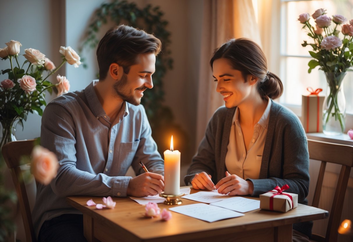 A couple exchanging handwritten love letters at a small table decorated with flowers, a candle, and rose petals.