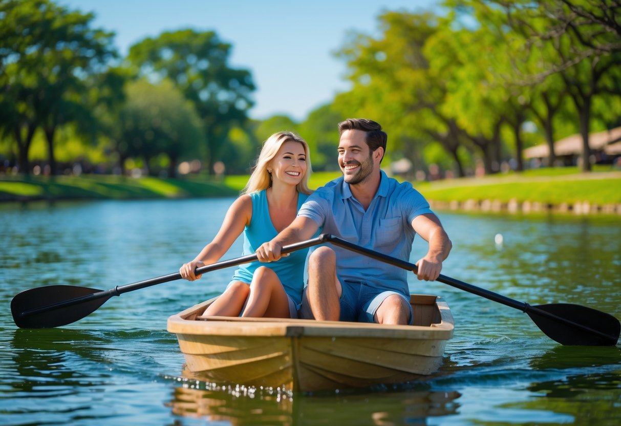 A couple paddle boating together on a calm lake surrounded by trees on a sunny day.