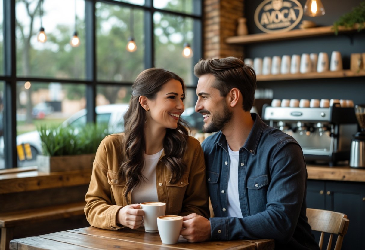 A couple sitting at a wooden table inside a coffee shop, smiling and enjoying coffee together.