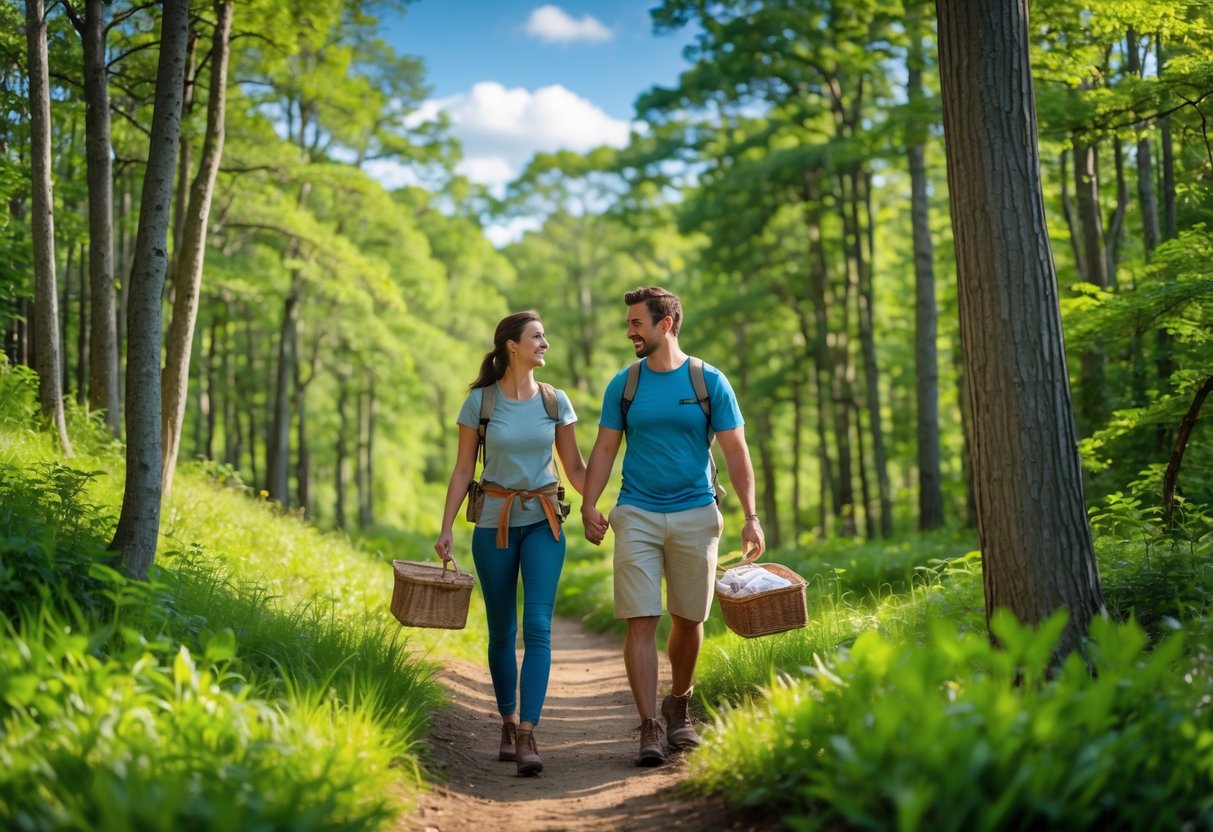 A couple hiking on a forest trail carrying a picnic basket and blanket on a sunny day.