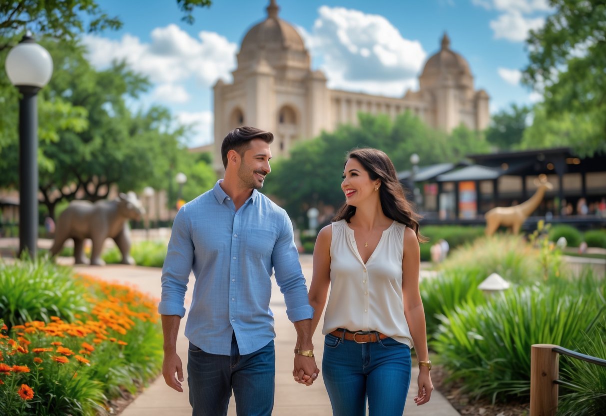 A couple walking hand in hand outdoors near the Fort Worth Museum of Science and History with greenery and museum buildings in the background.