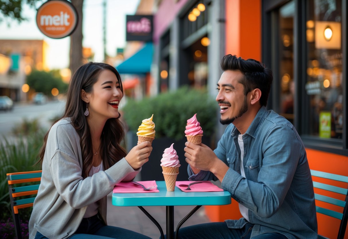 A young couple sitting outdoors enjoying ice cream cones together at an ice cream shop in a lively city area.