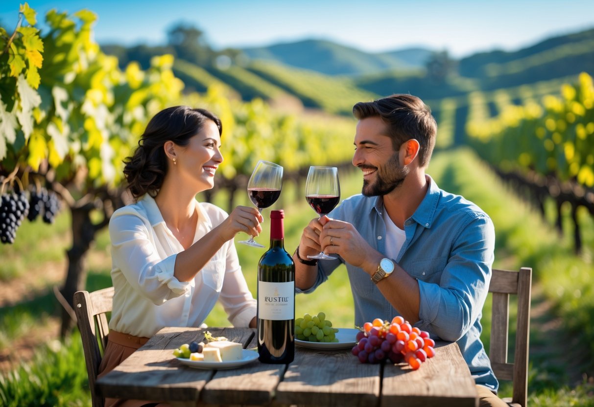 A couple clinking wine glasses at a table in a vineyard surrounded by grapevines.